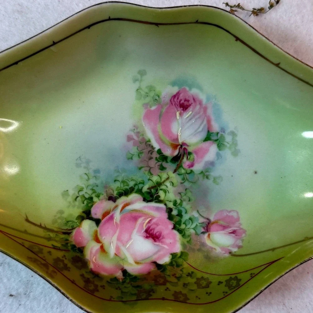 Royal Rudolstadt RS Germany Trinket Dish Set Small‎ Green Pink Yellow Good Roses